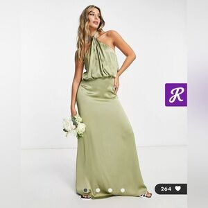 Bridesmaid Sammie halter neck satin maxi dress in soft olive